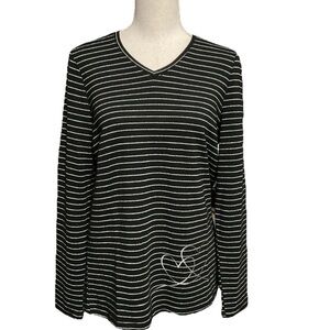 Coco Y Club Chic Striped Long Sleeve Women's T Shirt Metallic Silver Size Medium